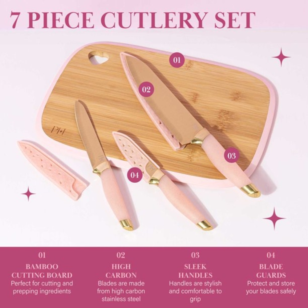 New Paris Hilton 7-Piece Bamboo Cutting Board & Stainless Steel Cutlery Set